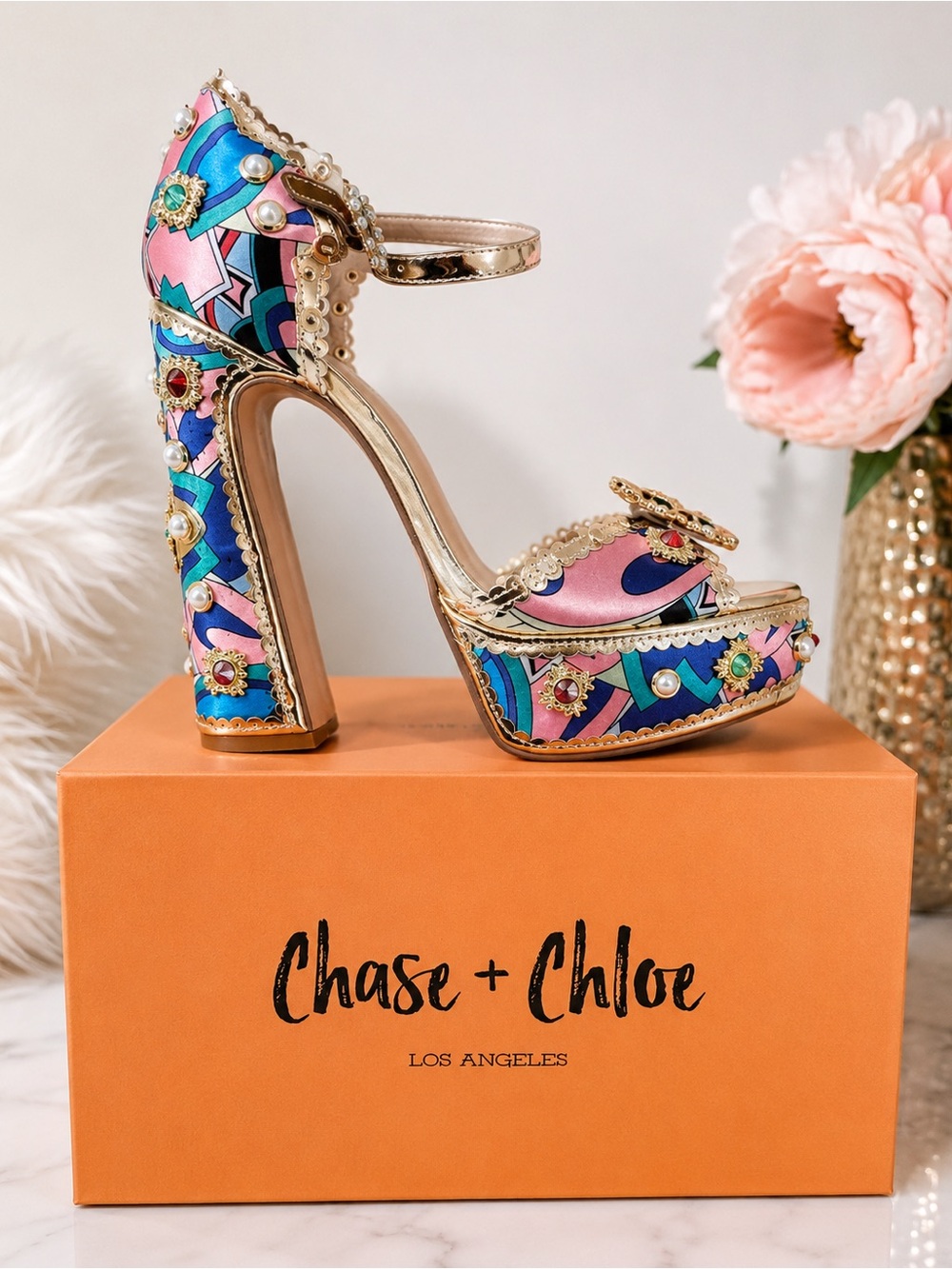 Chase + Chloe Embellished Platform Heels Barbiecore Statement Shoe NWT birthday - Picture 3 of 5